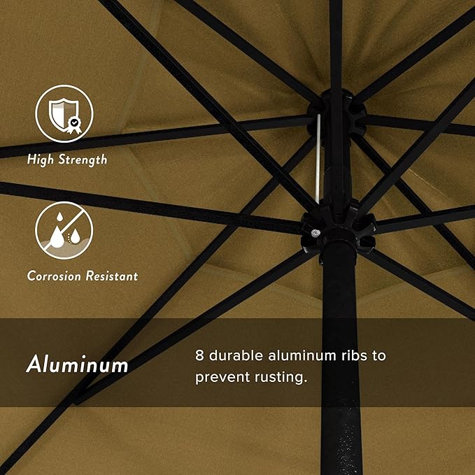 California Umbrella 12-Year Protection 9' Rd Aluminum Patio Umbrella, Crank Lift, Auto Tilt, Black Finish, Sunbrella Wheat