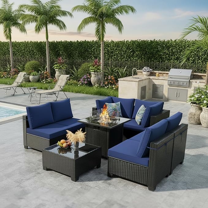 Patio Furniture Set with Fire Pit Table, 8 Piece Wicker Outdoor Sectional Set with Thick Cushions, Patio Sofa for Porch Garden Backyard Deck, Coffee/Blue