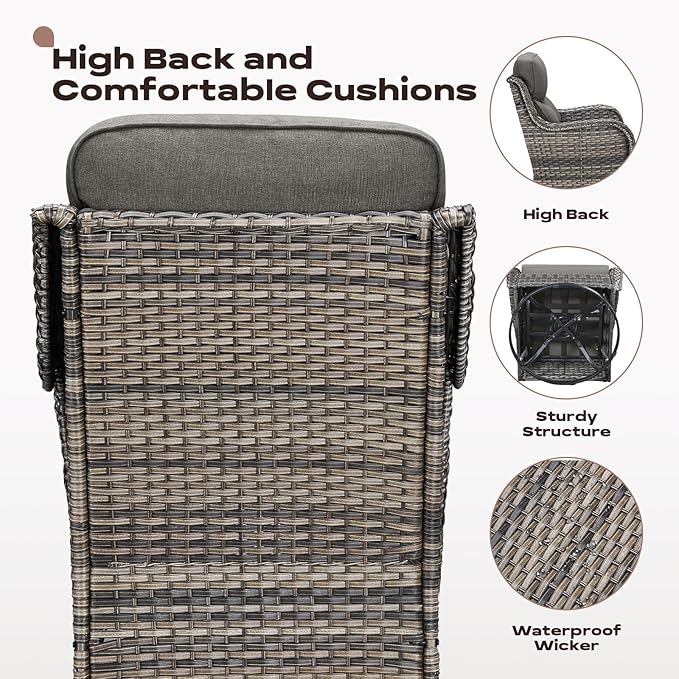 Rilyson Outdoor Patio Furniture Set - Weather Resistant Wicker,High Back,6 inch Cushions,3 Piece Patio Bistro Set with Swivel Rocker Chairs and Side Table for Deck Porch Yard,Mixed Grey/Grey