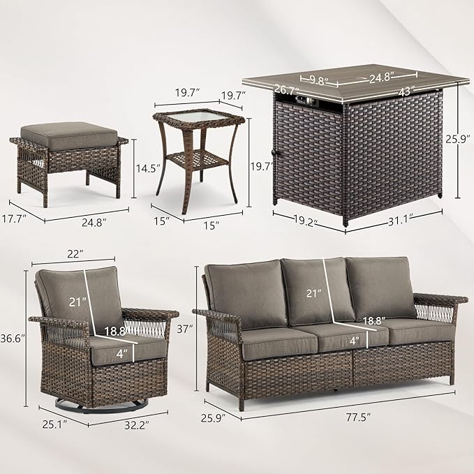 Patio Furniture Set with Fire Pit Table, 7PCS Patio Conversation Set Brown Resin Wicker Swivel Patio Chair Sofa Ottoman Set with Side Table and Fire Table PE Rattan Furniture Set