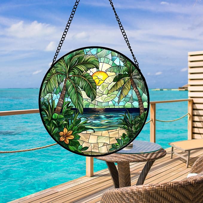 DASTOLL Stained Glass Window Hanging, Green Beach Scenery Suncatcher Diamond Glass Panel Hangings Sun Catchers Decor for Birthday for Women, Men, Wife, Aunt, and Mom 14.9x14.9 in