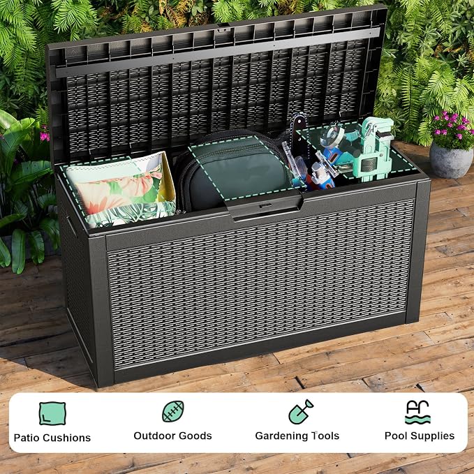 Resin Deck Box, Lockable Patio Outdoor Storage Box for Furniture, Garden Tools and Tools Storage, Waterproof Outside Storage Boxes (Black, 60 Gallon)