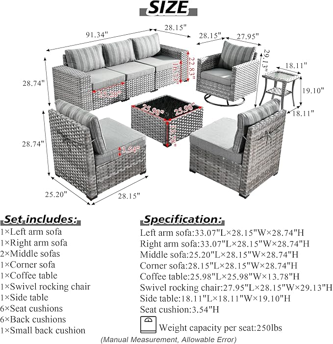 HOOOWOOO Outdoor Patio Sectional Furniture Sofa Set with Swivel Rocking Chair,8 Piece Modern Wicker Couch with Widened Armrest,Modular Conversation Seating Set for Garden(Grey Strips)