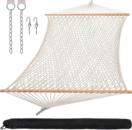 SUNCREAT Hammocks Traditional Rope Double Hammock with Hardwood Spreader Bar and Carrying Bag, 450 lbs Capacity, Natural