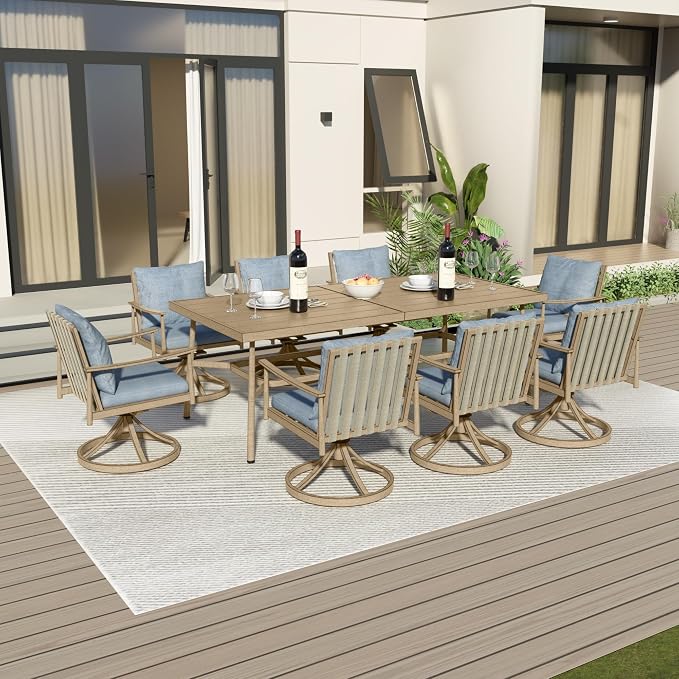 9-Piece Outdoor Dining Set for 8, Aluminum Dining Set with Cushions, 8 Swivel Chairs with Rope Backrest, Large Rectangular Table with Umbrella Hole, Patio Dining Set for Lawn Porch Yard,Brown