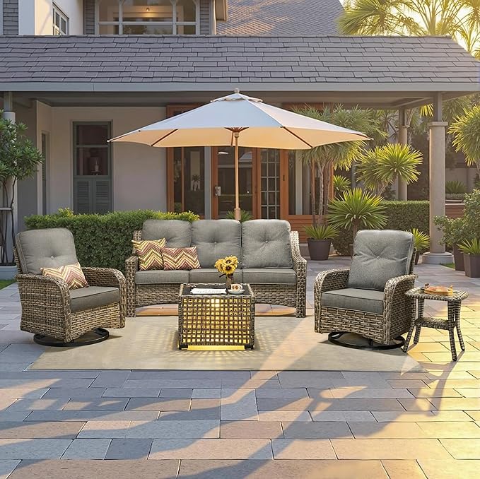 Outdoor Patio Furniture Set, 5-Piece PE Wicker Sofa with Shiny Table and Swivel Chairs, Outdoor Conversation Set for Patio, Garden, Backyard Dark Gray