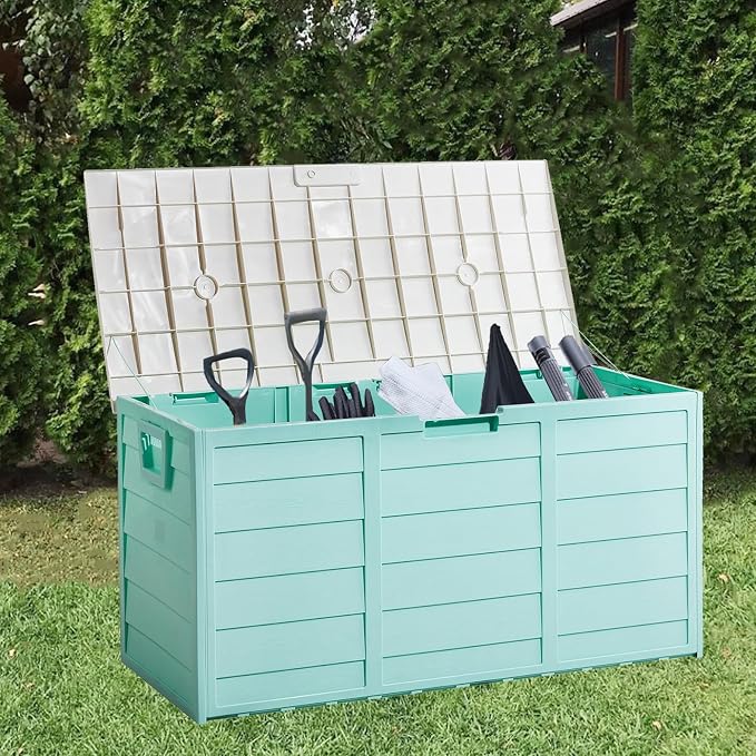 75 Gallon Outdoor Storage Box,Waterproof Deck Box with Lockable Lid&Wheels,Easy-open Outdoor Storage Bench with Handles for Garden,Pool,Balcony (Green)