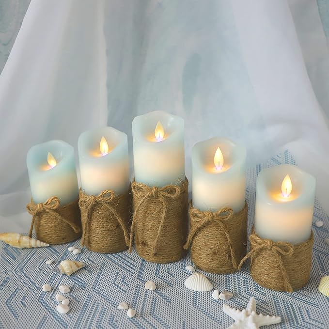 Flickering Flameless Candles, Battery Candles with Remote & Timer, Blue Led Pillar Candles for Ocean Decor, Beach Decorations, Party - Set of 5
