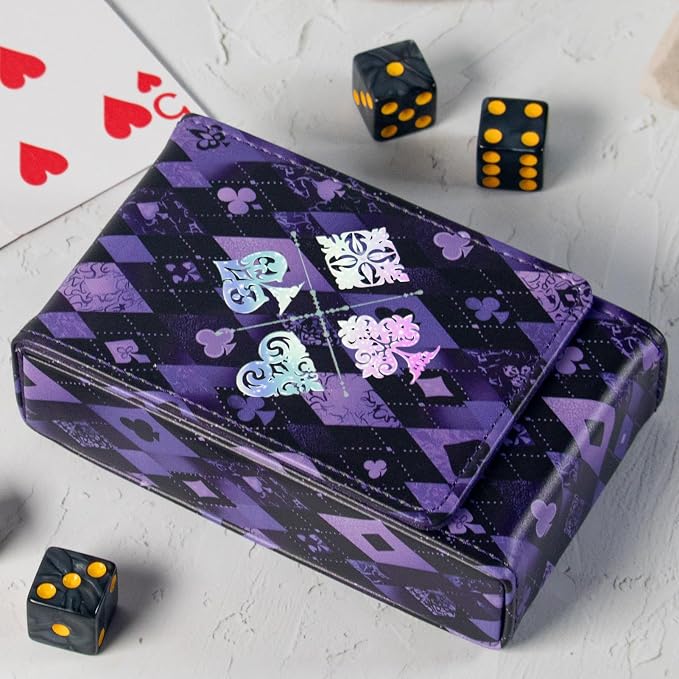 Leather Playing Card Box/Case, 4.7''x3''x1.3'' Deck of Cards Holder - Fits Bridge Cards, Playing Card Storage Box for Outdoor Travel Gaming (Purple)