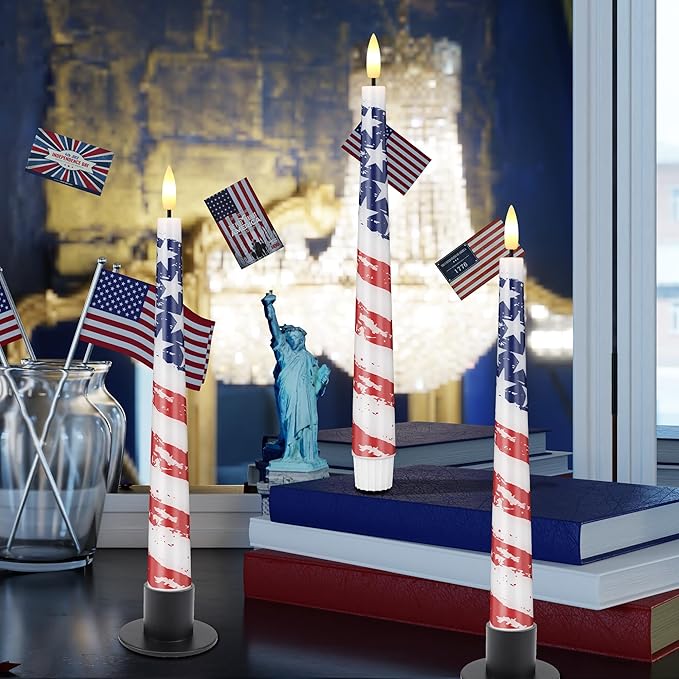 Flameless Patriotic Candles, 9.6" Real Wax 4th of July Led Candles with Remote, 3 Pack Flickering Independence Day Flameless candlesticks for Table, Home, Party Decor