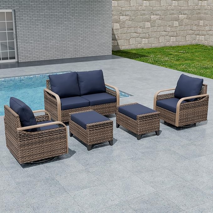 EAGLE PEAK Modern Wicker Outdoor Patio Furniture Set, Patio Conversation Set, 2 Swivel Rocking Chairs, 2-Seat Loveseat and 2 Ottomans, 5 Pieces, Brown/Blue