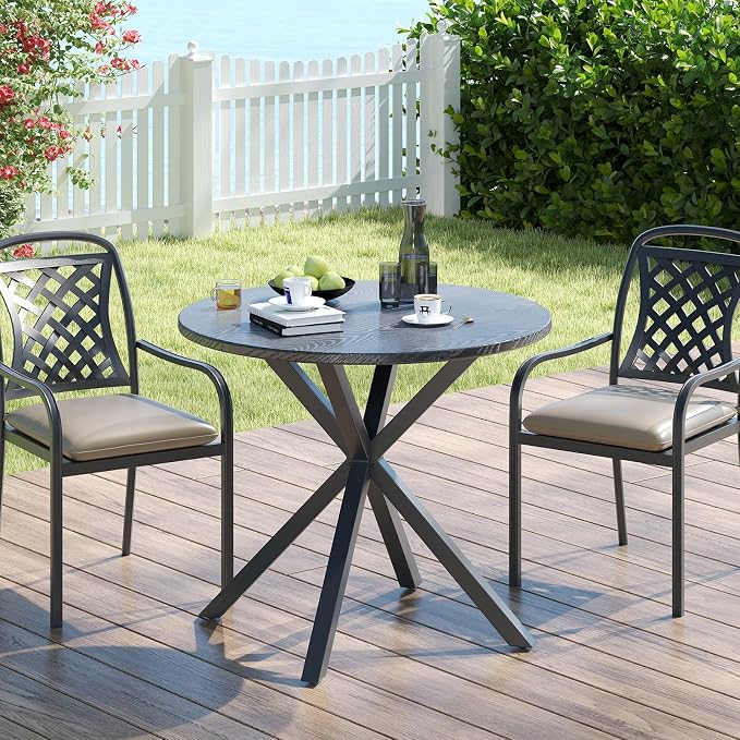 HAPPYGRILL 34” Round Outdoor Dining Table, Metal Patio Bistro Table with Wood-Like Tabletop, 4 Person Outdoor Dining Furniture for Backyard Garden Balcony