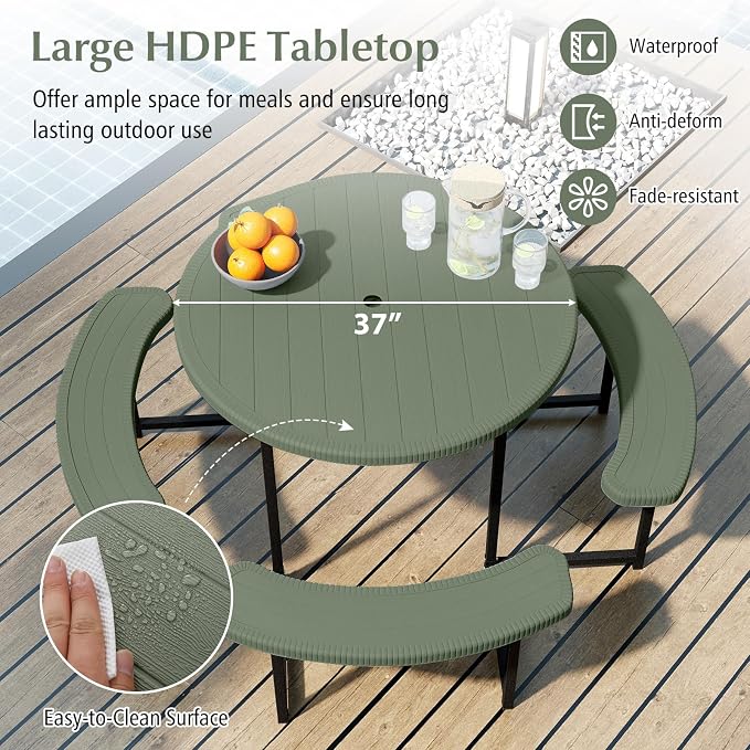 Byroce 6-8 Person Picnic Table for Outdoors, HDPE Picnic Table Set with 4 Benches, Umbrella Hole & Metal Frame, Heavy Duty Round Dining Table Chairs for BBQ Party in Patio, Yard & Poolside (Green)