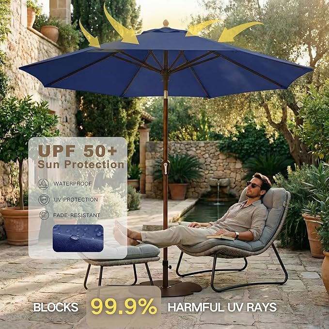 Kingdura 10FT Outdoor Patio Umbrella, Market Table Umbrella with Push Button Tilt and Crank, 8 Sturdy Fiberglass Ribs, UV Protection for Pool, Lawn, Deck, Backyard, Garden (Navy blue)