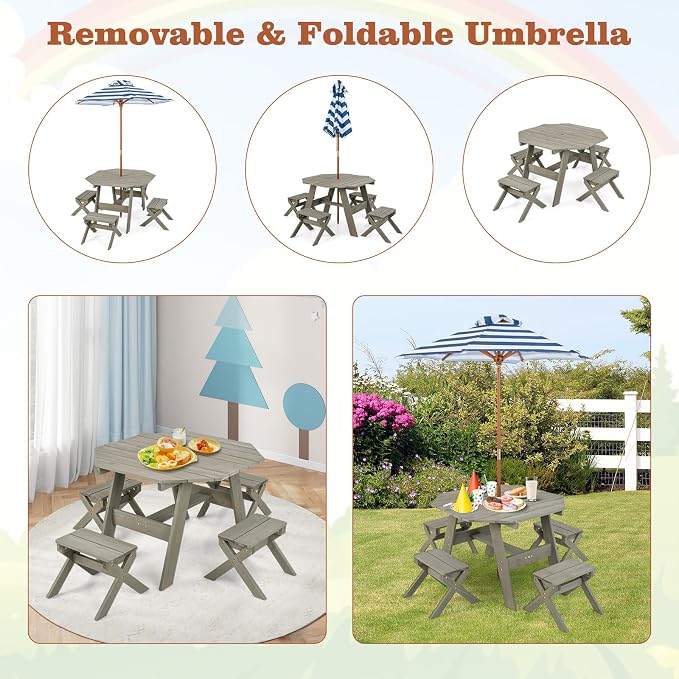 Costzon Kids Picnic Table, Fir Wood Octagon Kids Table and Chair Set with Removable Umbrella, Toddler Activity Table for Backyard, Garden, Patio, Kids Outdoor Furniture for Boys Girls (Grey)