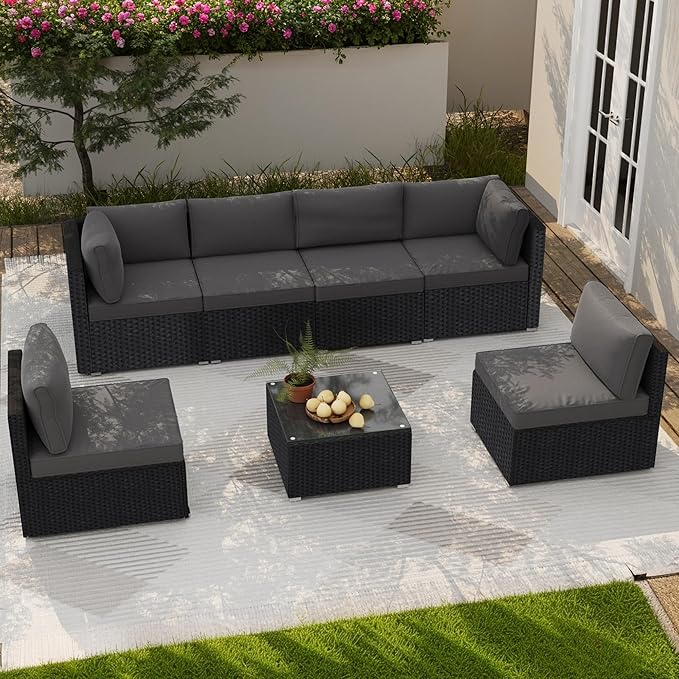 7-Piece Outdoor Patio Furniture Set, Outdoor Couch - Handwoven All-Weather Rattan & 4” Thick Waterproof Cushions, Wicker Outdoor Conversation Sets with Coffee Table for Backyard, Garden, Black/Grey