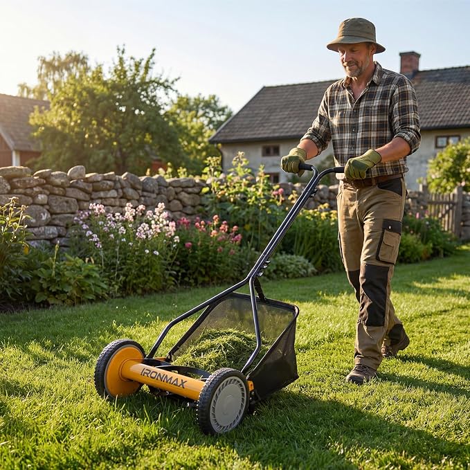 IRONMAX Lawn Mower, 14 Inch Push Reel Lawn Mower with 5 Steel Blades, Adjustable Cutting Heights, Grass Catcher Bag, Walk-Behind Manual Lawnmower for Garden Park Yard, No Motor (Orange, 14 Inch)