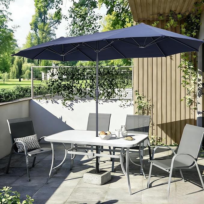 13 ft Patio Umbrella, Large Rectangle Outdoor Umbrella with Strap, Crank, Navy Blue