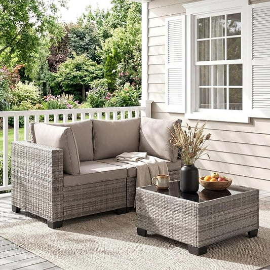 ANJ 3 Piece Outdoor Wicker Patio Furniture Set, Modular Loveseat Sofa with with Glass Top Coffee Table, All-Weather Rattan Conversation Couch Set for Balcony, Backyard, Light Grey Wicker-Grey