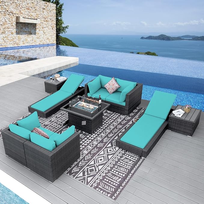 NICESOUL 9 Piece Patio Furniture Set with Firepit, Modern Outdoor Sectional Couch with Chaise Lounge, Comfy 29.3'' High-Back Backyard Seating, All-Weather Modular Sofa for Garden, Yard, Grey & Teal