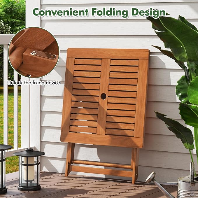 Byroce Outdoor Patio Table, 29.5” x 29.5” Folding Bistro Table with Slatted Tabletop & 2” Umbrella Hole, Solid Wood Outdoor Dining Table, Portable for Backyard, Poolside & Balcony (1, Square)