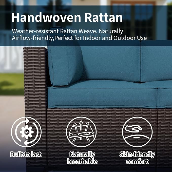 7 Piece Patio Furniture Set, Wicker Patio Conversation Sets, Outdoor Sectional Furniture with Tempered Glass Table, for Backyard, Deck, Garden, Dark Brown Rattan & Peacock Blue Cushions