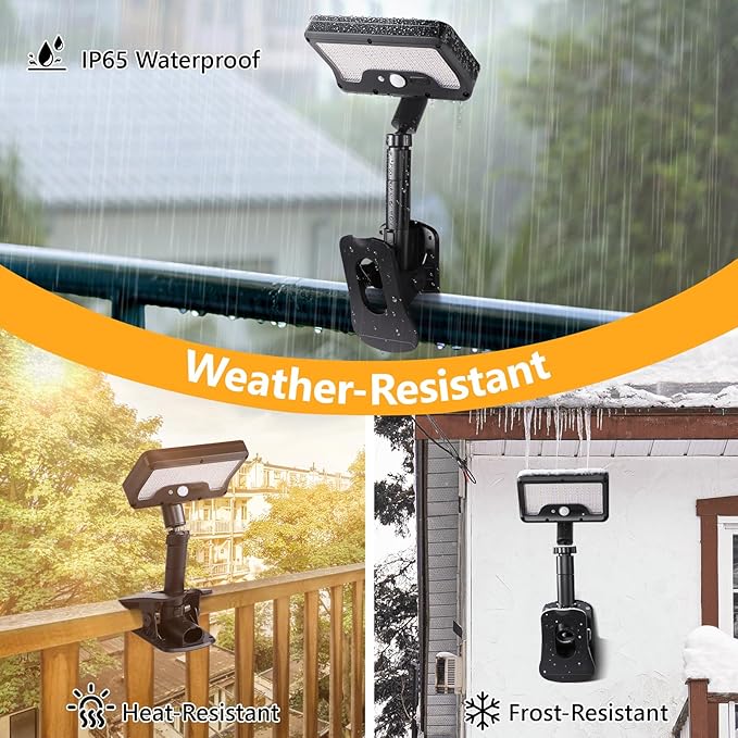 Clip On Solar Lights Outdoor with Motion Sensor, 360°Rotatable & Vertically Adjustable Solar Fence Lights with 92 LEDs (600 LM, 3000 K),IP65 waterproof Security light for deck, Gutter, Camping(4 Pack)