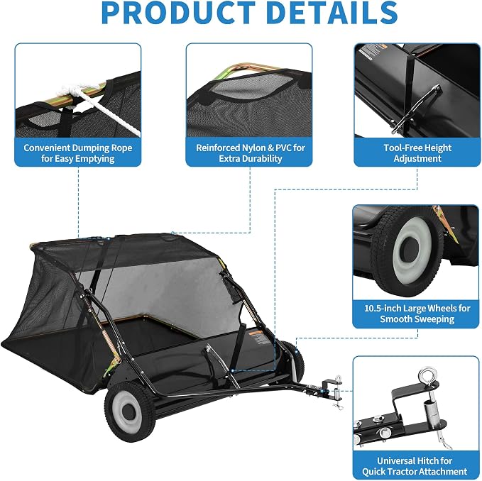 48" Tow Behind Lawn Sweeper, 16 cu. ft Capacity Leaf & Grass Collector-Adjustable Sweeping Height, Dumping Rope Design for Efficient Debris & Grass Cleanup on Yards, Driveways & Sidewalks