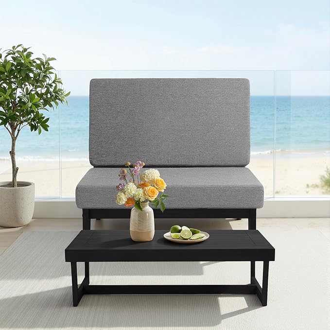 UIXE Black Wood Patio Furniture Sets, 2 Pieces All Weather Patio Loveseat Outdoor Sofa with Solid Wooden Coffee Table - Light Gray
