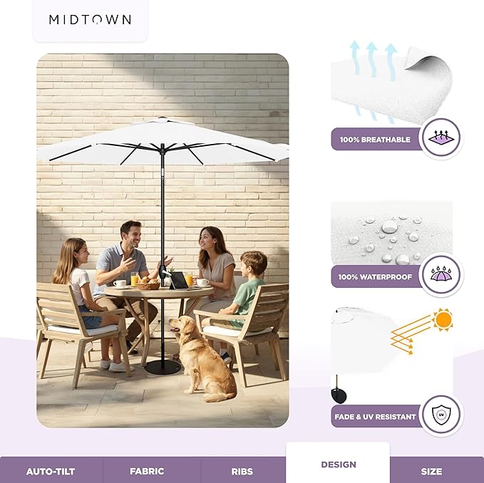Midtown Umbrellas - 10-Year-No-Fade 6 Ft Patio Umbrella with Terylast Fabric, Auto-Tilt Aluminum Frame and 8 Reinforced Ribs for Deck, Pool, Garden & Beach - Ivory White Canopy, Black Pole