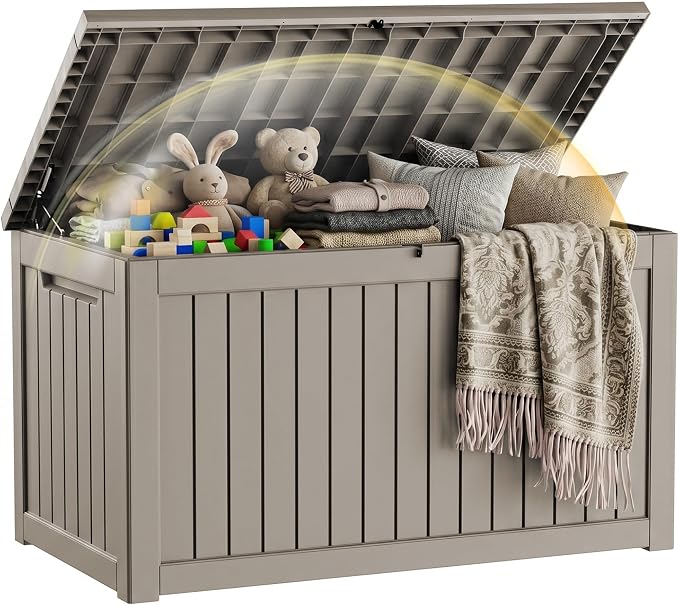 EFU Outdoor Storage Box 260 Gallon Deck Box (Indoor & Outdoor) Lockable UV Resistance Waterproof Resin Storage Bin Storage Box for Outdoor,Patio Storage With Support Rod(Taupe)