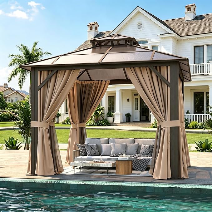 10’x10’ Hardtop Gazebo with Double Polycarbonate Roof Outdoor Metal Gazebo Sturdy Aluminum Frame & Removable Curtains, Netting Permanent Pavilion Pergola for Garden,Patio,Lawn (Brown)