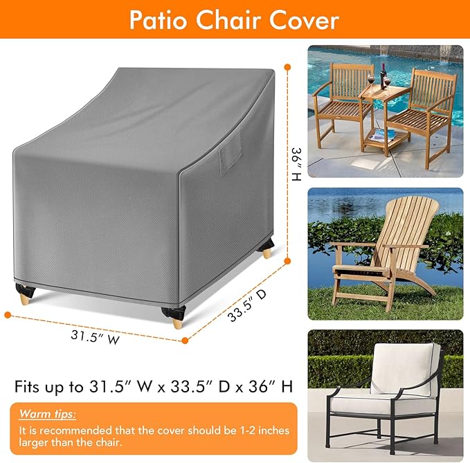 WLEAFJ Outdoor Chair Covers Waterproof, Gray Lawn Patio Furniture Covers, Heavy Duty Wicker Garden Sofa Chair Cover, 2 Pack - 31.5" W x 33.5" D x 36" H