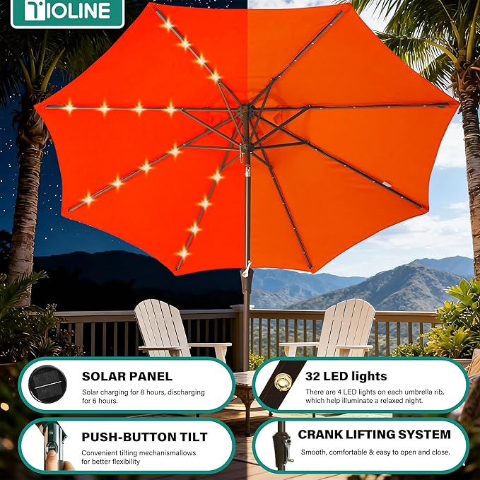 9FT Solar-Powered LED Patio Umbrella with Tilt Crank,Outdoor Market Umbrella with 32 Lights,Sunshade for Deck, Garden and Pool