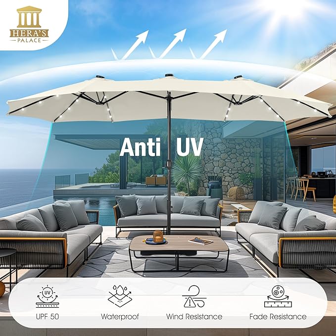 HERA'S PALACE 15ft Patio Umbrella with Base Included Double Sided Outdoor Umbrella for Patio Table Umbrella Outdoor 36 LED Solar Lights for Garden