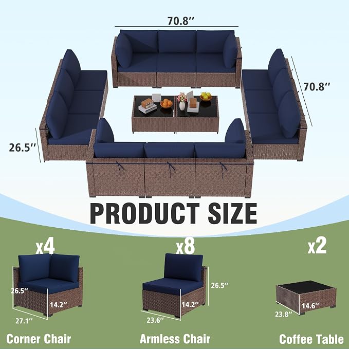 KIGOTY 14-Piece Patio Furniture Set, All-Weather PE Rattan Outdoor Sectional Sofa, Modular Wicker Conversation Set with Thick Cushions & Easy-Clean Coffee Table（Brown/Navy）