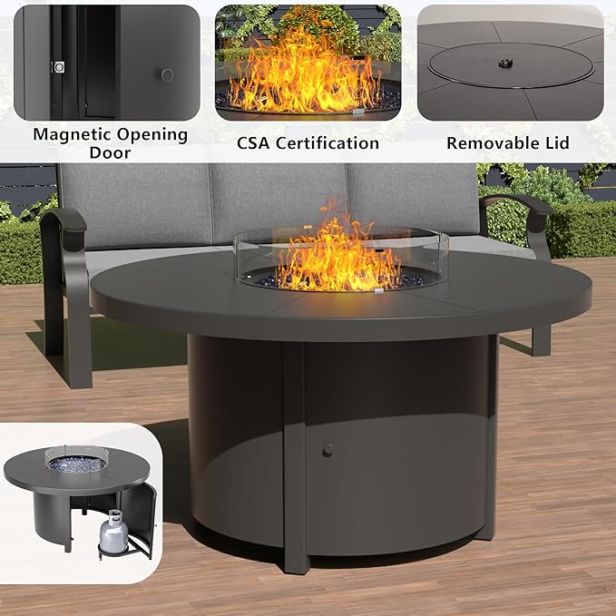 ALAULM Aluminum Patio Furniture Set with 40,000 BTU Round Propane Fire Pit Table 7-seat Metal Outdoor Furniture w/ 2 Swivel Chairs Patio Sectional Sofas for Patio, Lawn, Poolside（Grey