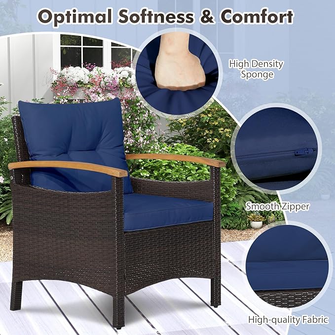 KOTEK 3 Piece Patio Furniture Set, Outdoor Conversation Set with Removable Cushions, Acacia Wood Tabletop and Armrests, PE Rattan Wicker Bistro Set for Porch, Balcony, Backyard (Navy)