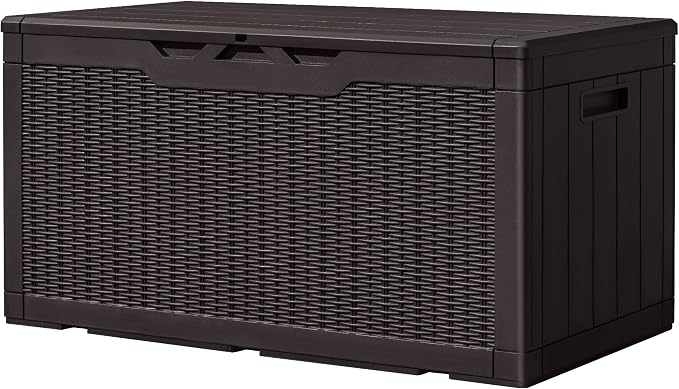 Greesum 100 Gallon Deck Box and Suncast 33 Gallon Outdoor Trash Can Storage Bundle for Patio Furniture, Garden Tools, and Pool Supplies