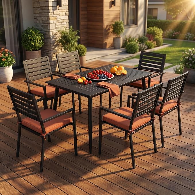 5 Piece Outdoor Dining Set All Weather Patio Dining Set with HDPE Wood-Like Tabletop, Rustproof Metal Outdoor Table and Chairs with 4 Stackable Chairs for Garden Backyard, Black