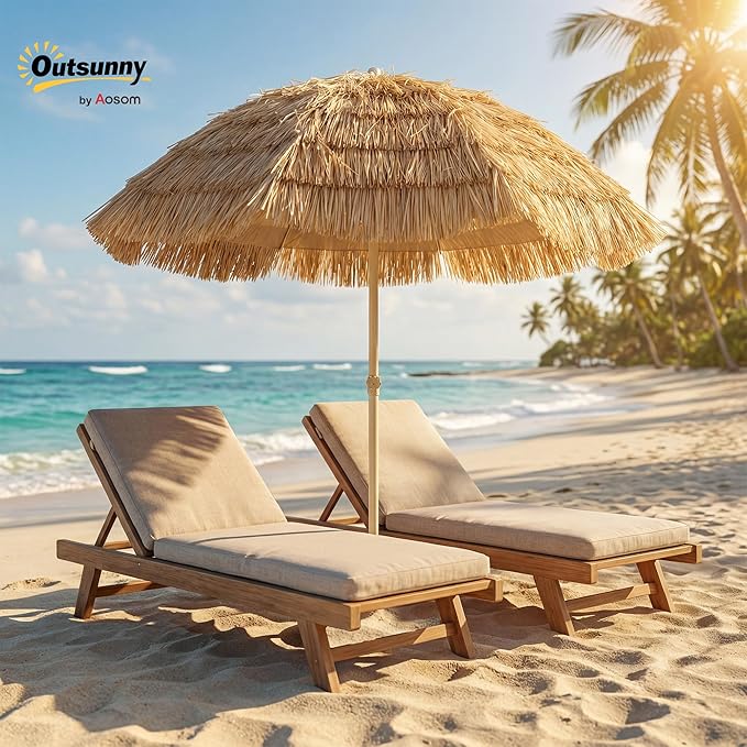 Outsunny 6FT Tiki Umbrella, Outdoor Hawaiian Style Patio Umbrella with 8 Ribs, Carry Bag, Outdoor Tiki Bar, Tropical Palapa for Pool, Beach, Khaki