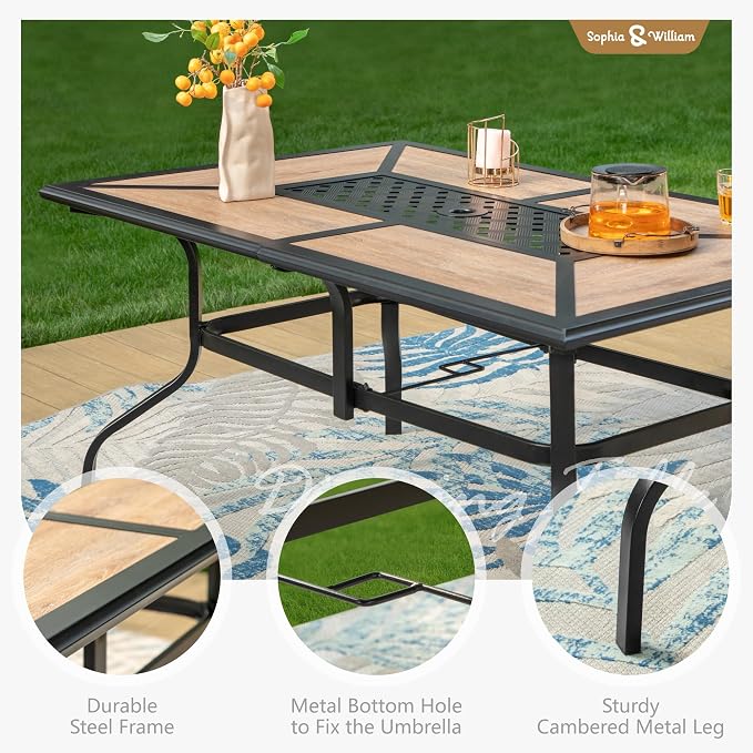 Sophia & William Patio Set with Umbrella Outdoor Dining Set for 6 with 13ft Umbrella Orange Red, 6 x Patio Chairs Brown, 1 Wood Like Outdoor Dining Table for Deck Lawn Garden (No Umbrella Base)