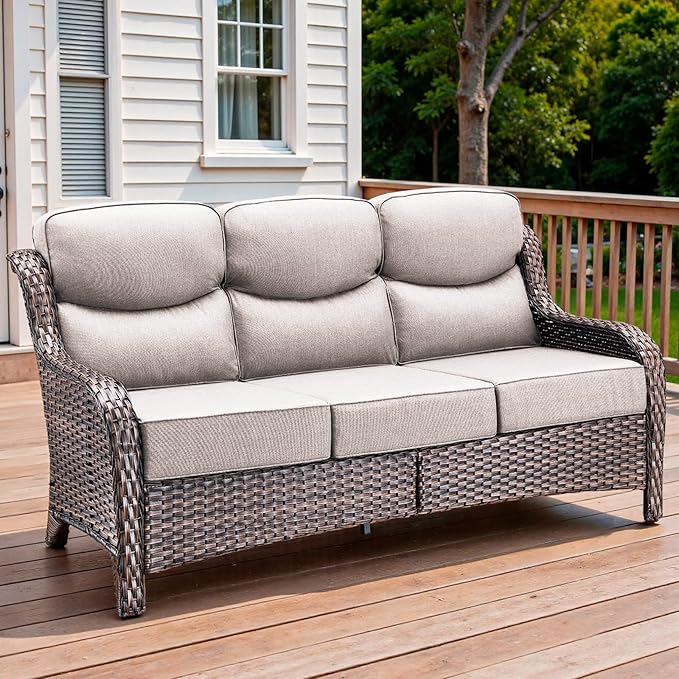 3 Pieces Patio Sofa Set with 6" Thick Cushions, High Back Wicker Sectional Outdoor Sofa with Ottomans, Outdoor Seating Furniture High Back Conversation Set for Balcony Deck Porch Backyard, Brown/Beige