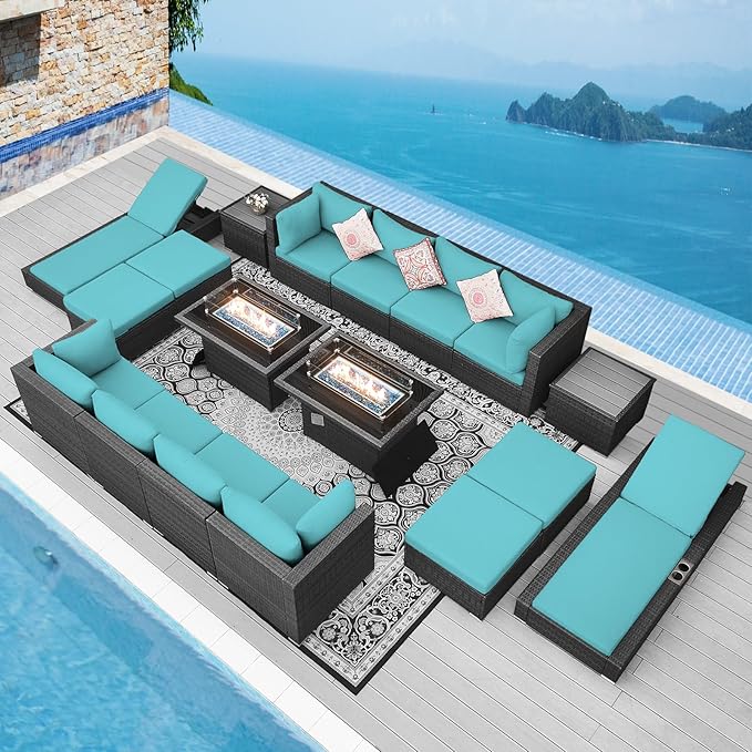 NICESOUL 18 Piece Outside Patio Set with Firepit and Loungers, Luxury Huge Complete Outdoor Sectional Sets with Fire Pit Table, 14-Seater Wide Deep Seated Sofa Modular for Deck,Poolside Gray&Turquoise