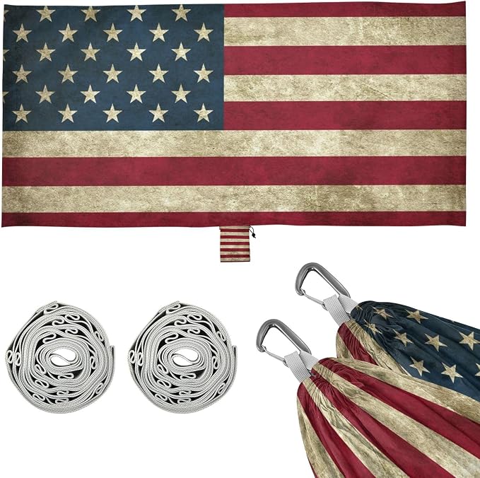 American Flag Camping Hammock, Portable Lightweight Single Hammock with Tree Straps and Aluminum Carabiners, 114" x 54" Travel Hammock for Hiking Backpacking Beach