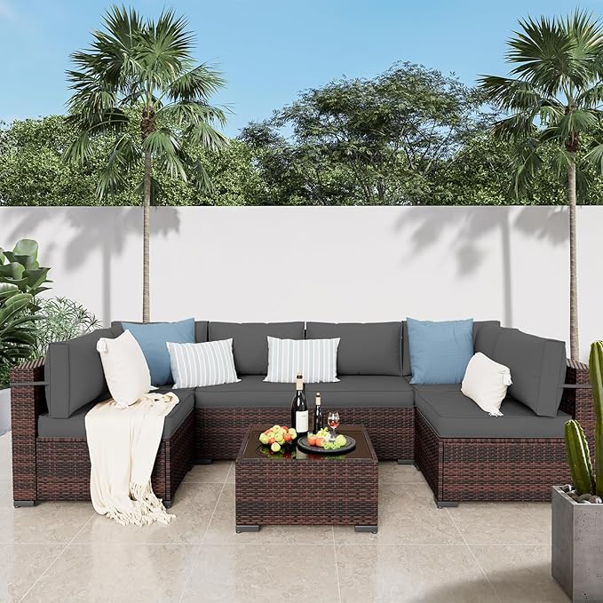 Patio Furniture Sets with Waterproof Cover, 7 Pieces Outdoor Rattan Sectional Sofa Set with Glass Table and Cushions,Wicker Patio Conversation Set for Outdoor Indoor Backyard Lawn Garden Porch (Grey)