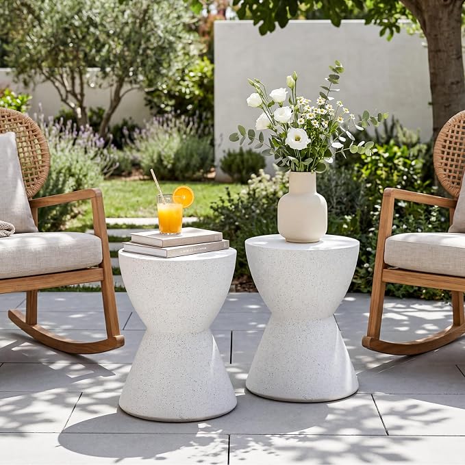 SUNBURY Outdoor Concrete Side Table, 19" H Outdoor End Tables Cement Accent Table Hourglass Shaped, Lightweight Modern Small Garden Stool, Decorative Garden Stool for Patio, Backyard, Ink Spot White