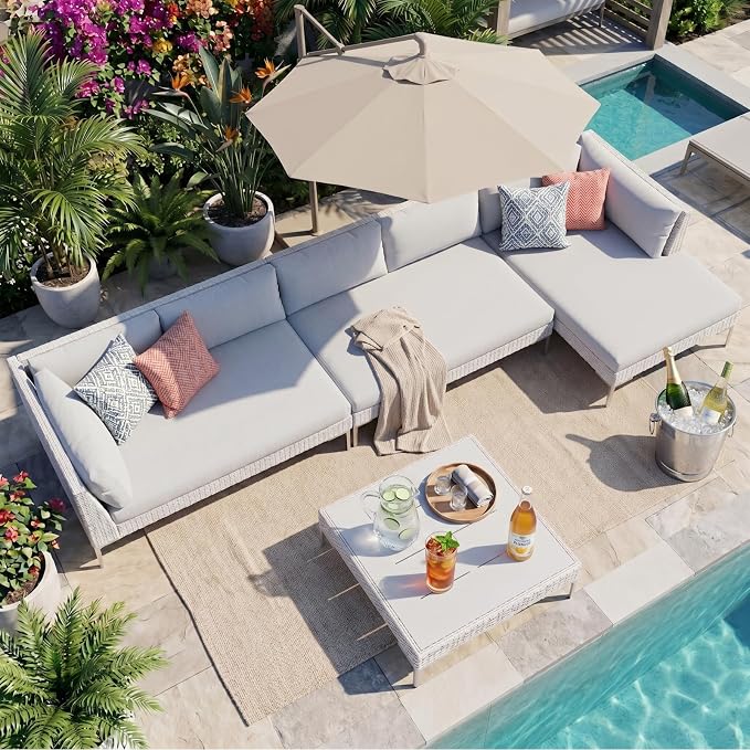 ABCASA Outdoor Patio Sectional Furniture Set w/Water-Resistant Fabric | Oversized Seat Wicker Outdoor Furniture Set w/Thick Cushion, L Shaped Patio Conversation Set for Pool Yard, Gray