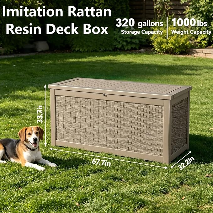 320 Gallon Waterproof Outdoor Storage Box, Lockable Deck Box with Built-In Handle for Patio Seat Cushions, Garden Tools, Pool Accessories, Light Brown