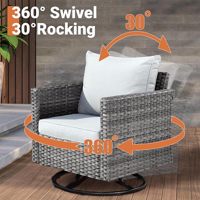 ovios 11 Piece Outdoor Patio Furniture Set with Fire Pit Table,Conversation Sectional Wicker Couch with Swivel Chairs,Modern Outside Sofa for Balcony Backyard, Grey